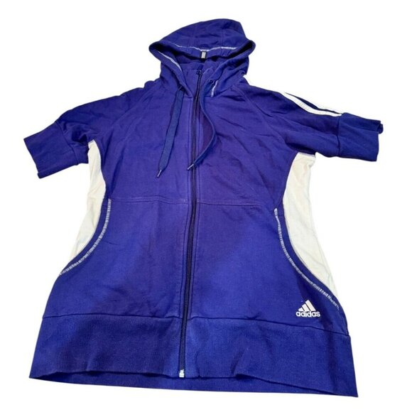 Adidas Short‎ sleeve athletic women's zip up sweatshirt medium blue white cotton - Picture 1 of 6